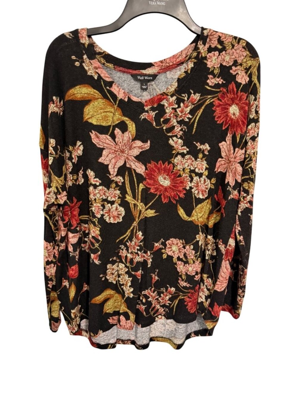 Well Worn Sweater Top Black Earthtone floral V Neck Womans L